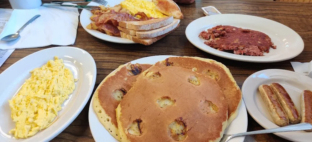 Home Fries Banana Pancakes and Fresh Corned Beef Hash